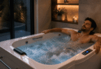 Homem relaxa em banheira de hidromassagem com aquecedor em ambiente sofisticado e acolhedor, iluminado por velas.