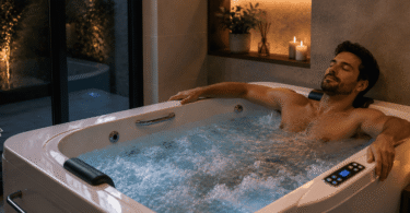 Homem relaxa em banheira de hidromassagem com aquecedor em ambiente sofisticado e acolhedor, iluminado por velas.