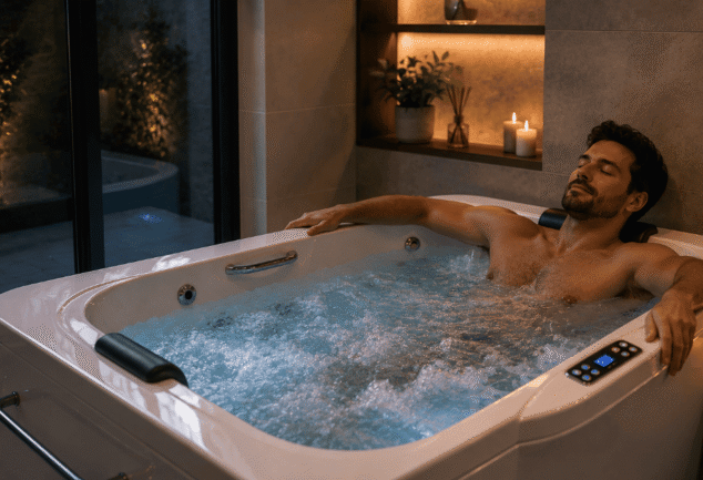 Homem relaxa em banheira de hidromassagem com aquecedor em ambiente sofisticado e acolhedor, iluminado por velas.
