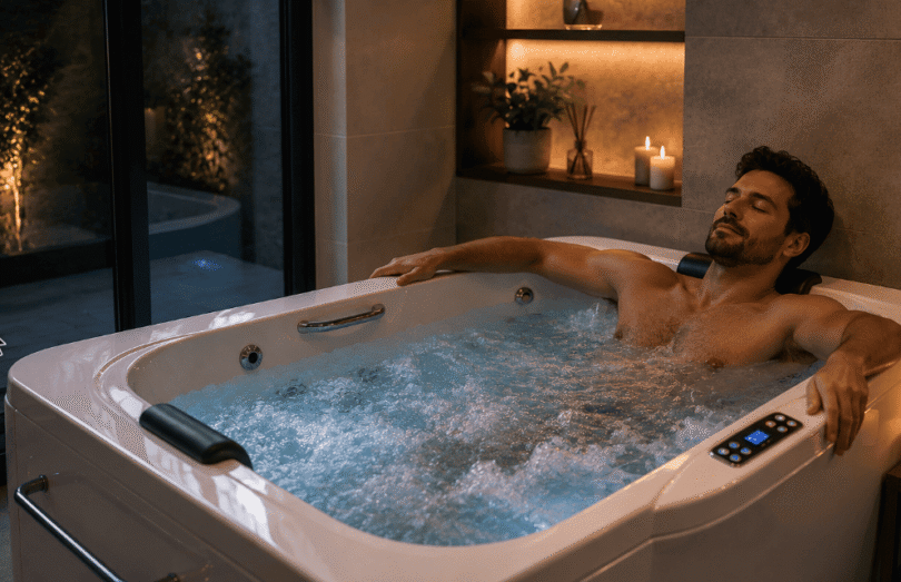 Homem relaxa em banheira de hidromassagem com aquecedor em ambiente sofisticado e acolhedor, iluminado por velas.