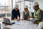 Três engenheiros consultivos analisam o projeto de uma obra.