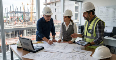Três engenheiros consultivos analisam o projeto de uma obra.