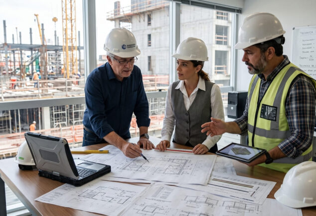Três engenheiros consultivos analisam o projeto de uma obra.