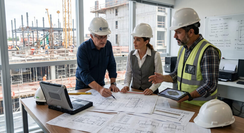 Três engenheiros consultivos analisam o projeto de uma obra.